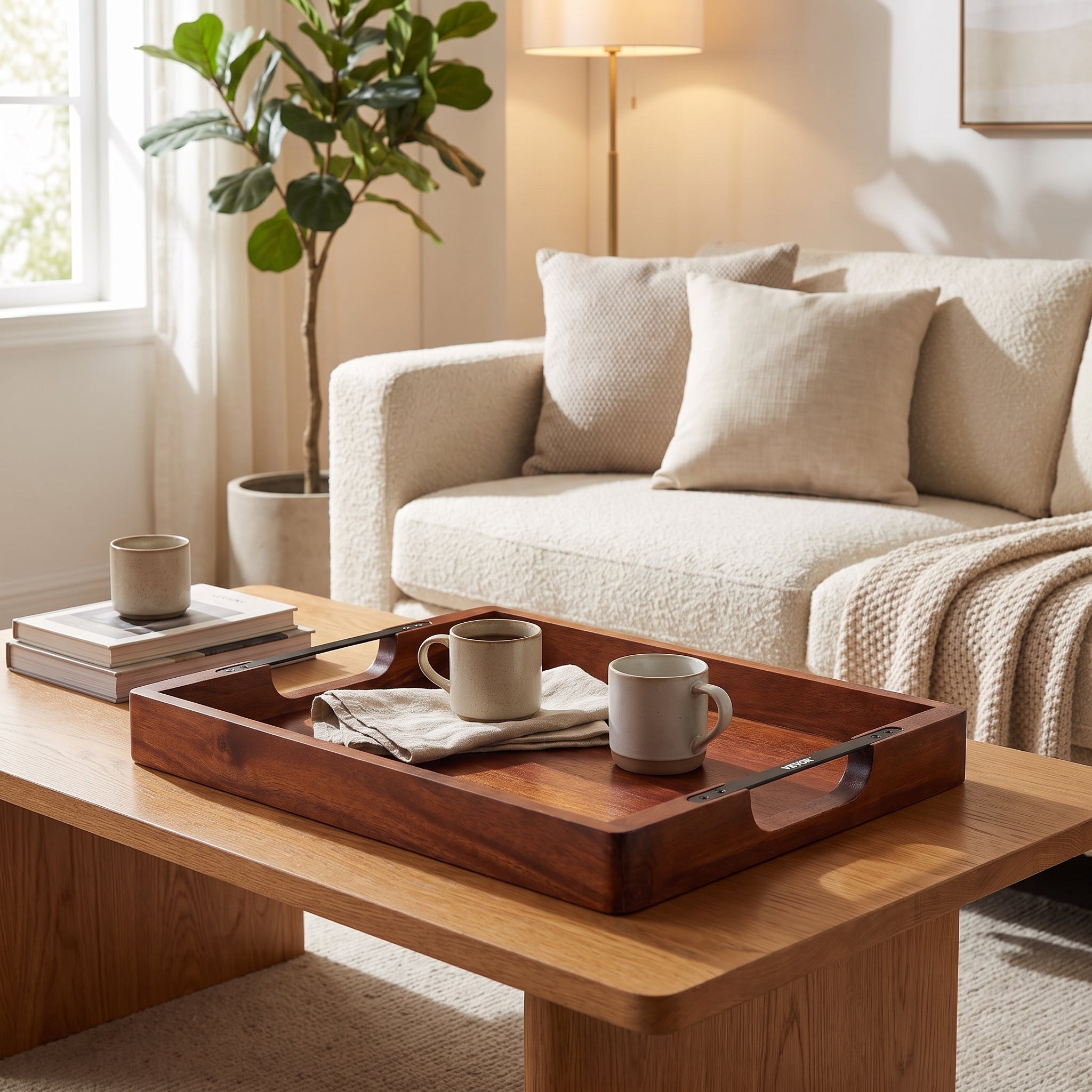 Acacia Serving Tray with Handles styled in a home setting