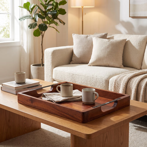 Acacia Serving Tray with Handles styled in a home setting