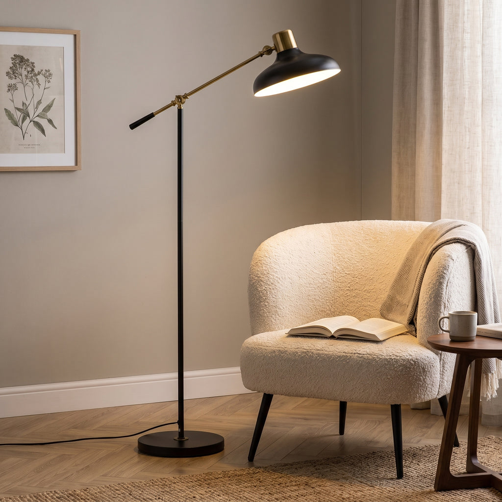 Balance Arm Floor Lamp — Black & Gold styled in a home setting