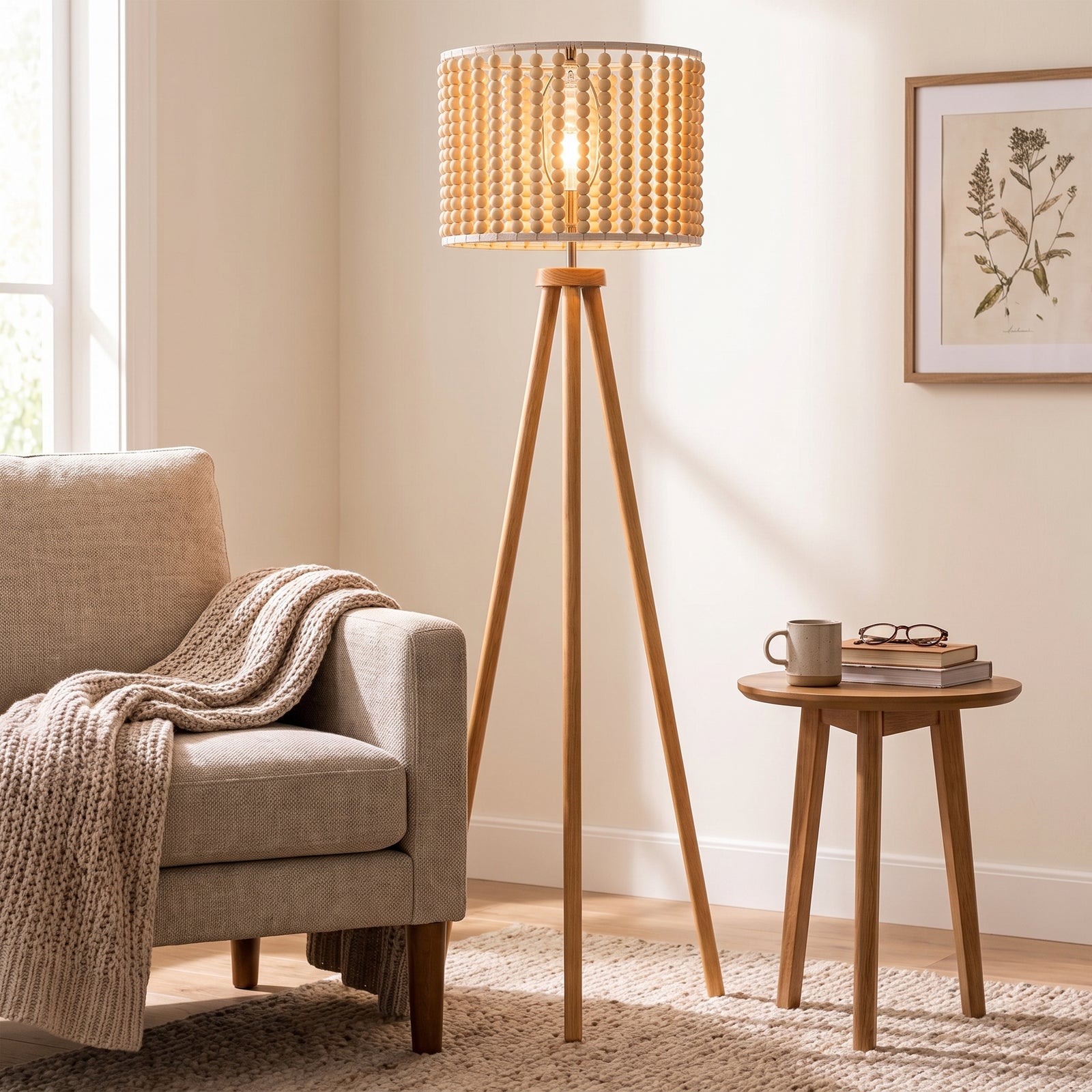 Brillo Natural Tripod Floor Lamp styled in a home setting