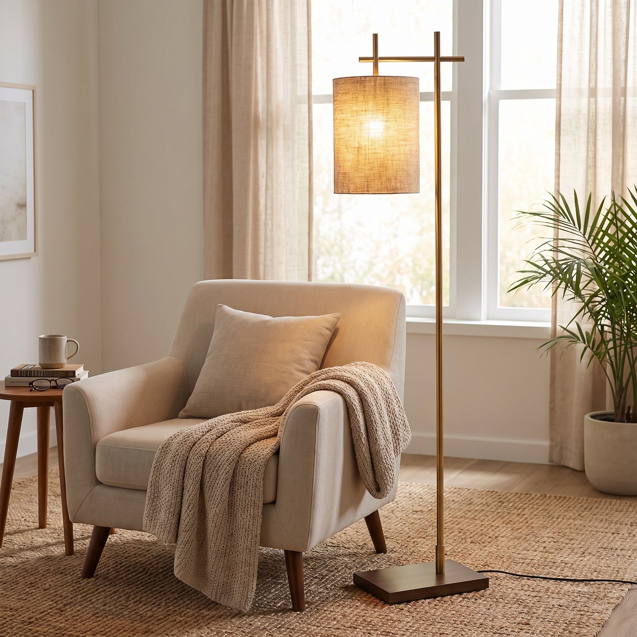 Brizo Bamboo-Shade Floor Lamp styled in a home setting