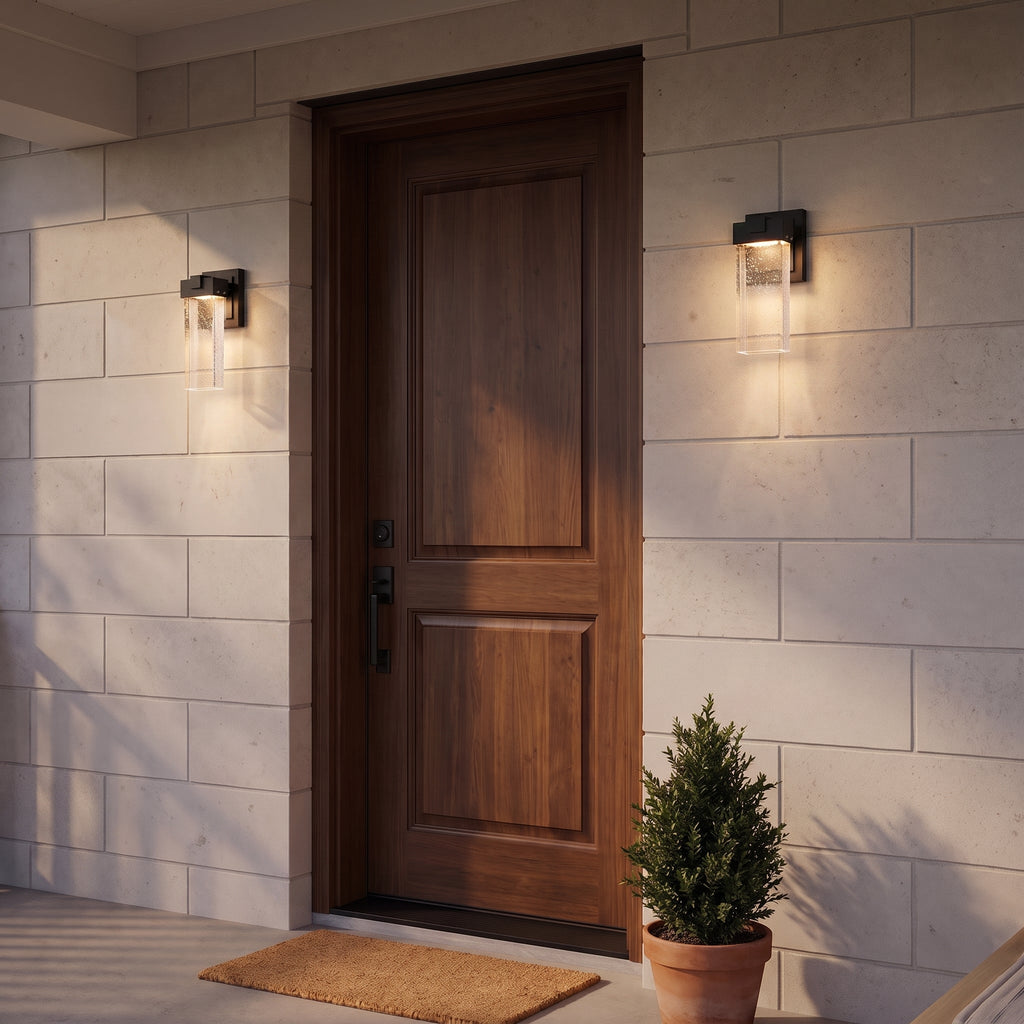 Two compact Bubble Glass wall lights beside a front door. Each fixture is 12.2 inches tall; see the size diagram for exact measurements.