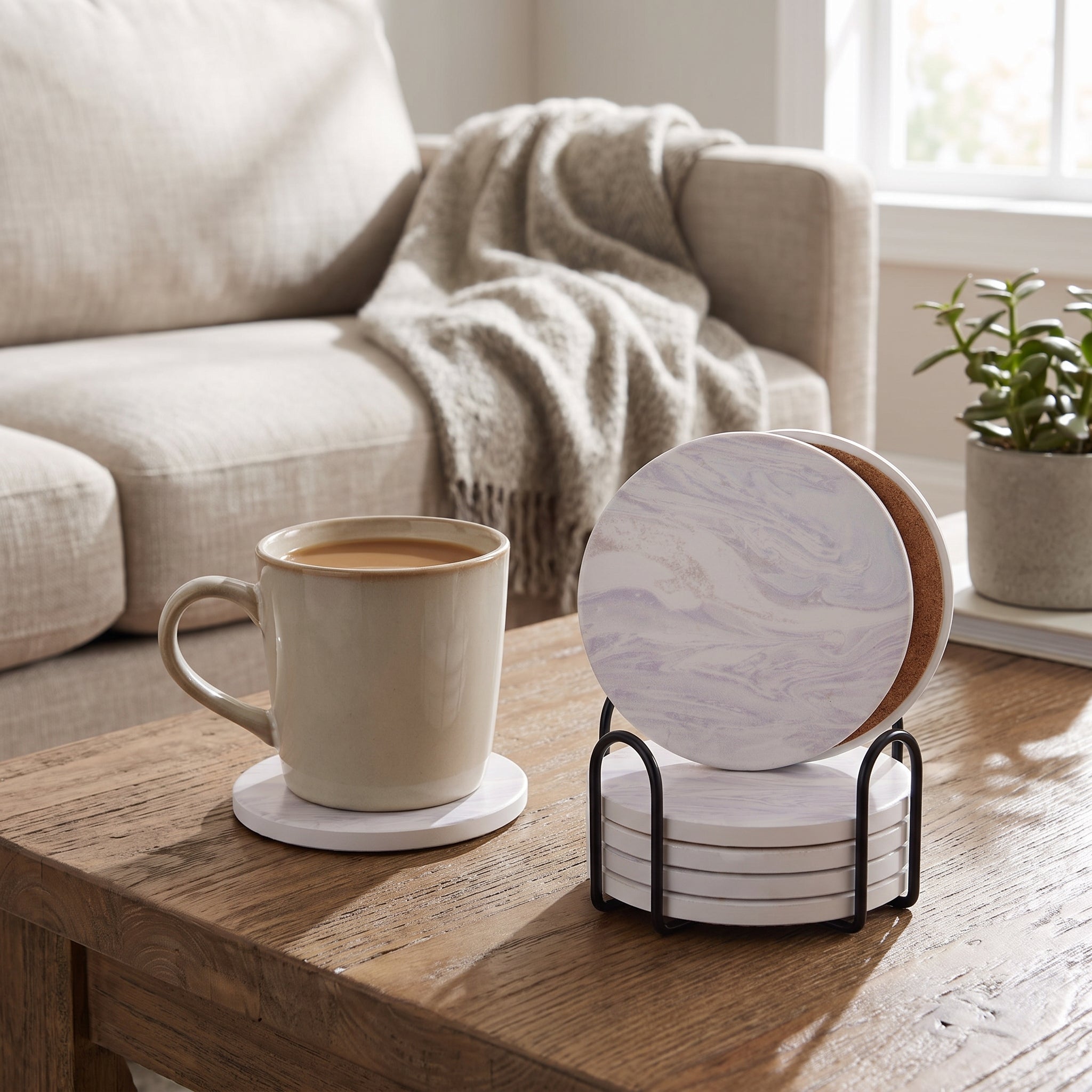 Ceramic Coasters with Holder — Set of 6 styled in a home setting