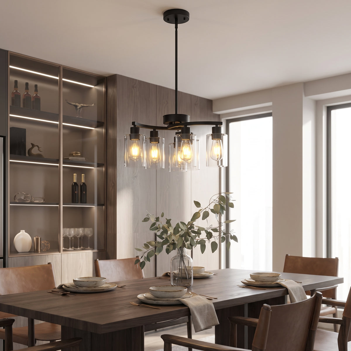 Clear Glass Six-Light Chandelier styled in its intended setting