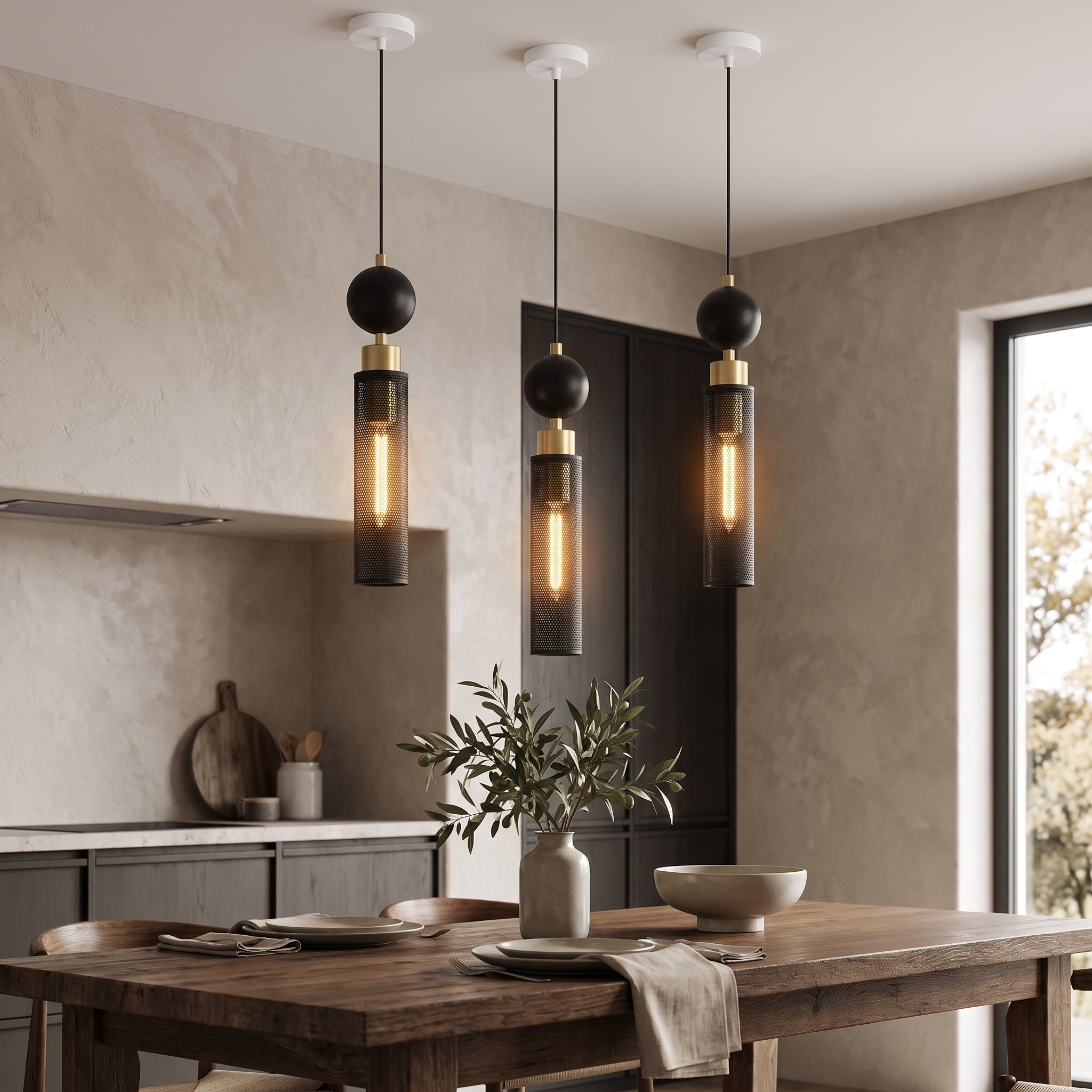 Column Black Pendant Lights — Set of 3 styled in its intended setting