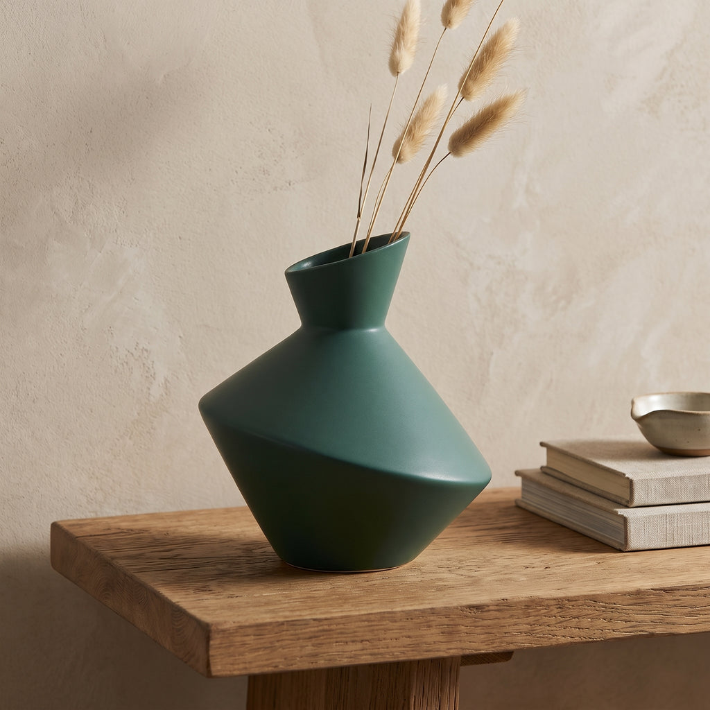 Facet Green Ceramic Vase styled in a home setting