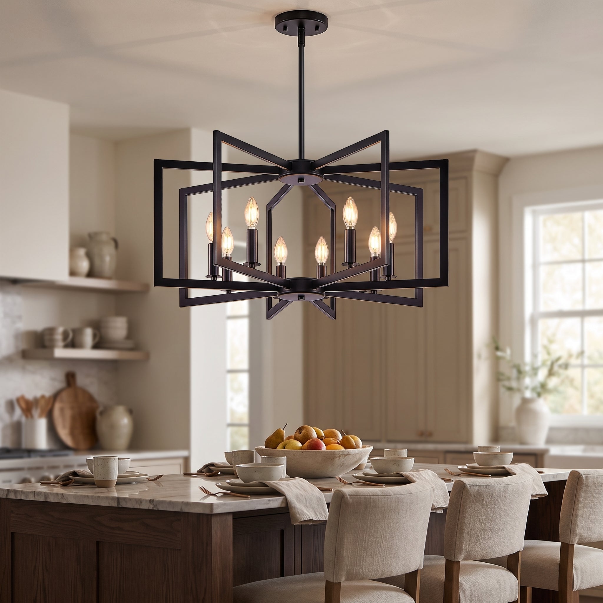 Geometry Eight-Light Chandelier styled in its intended setting