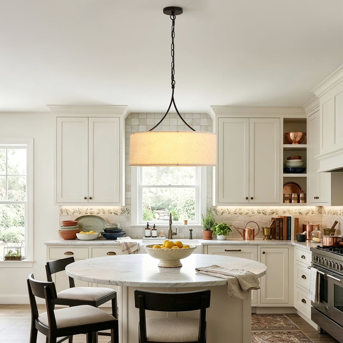 Linen Drum Three-Light Pendant supplier product view