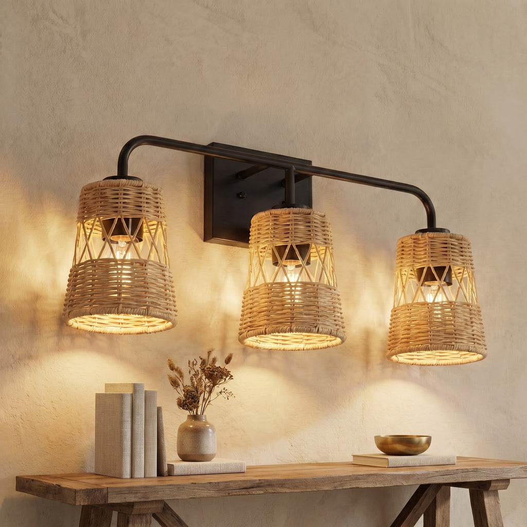 Moonlit Rattan Three-Light Wall Fixture styled in its intended setting