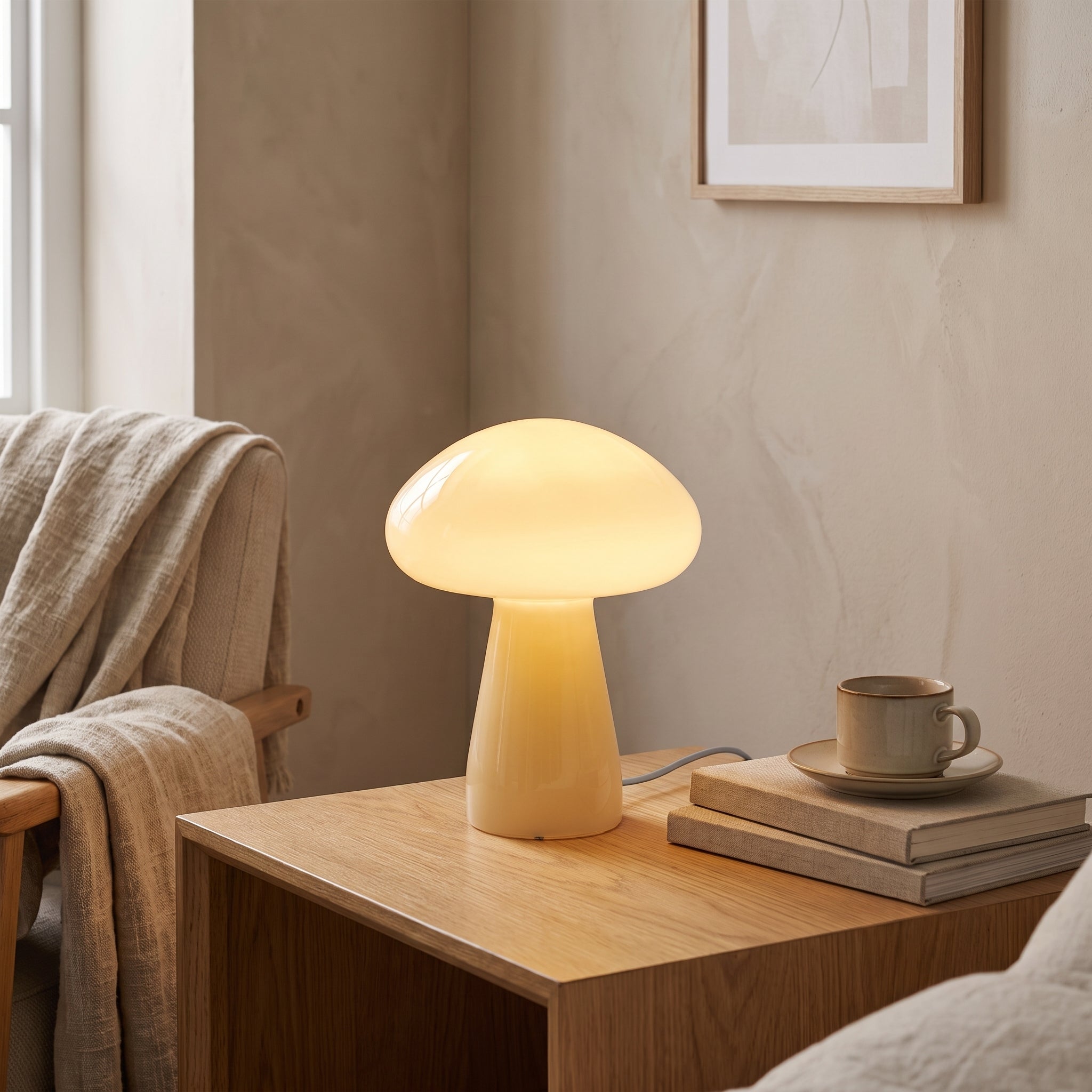 Mushroom Glass Table Lamp — Beige styled in a home setting