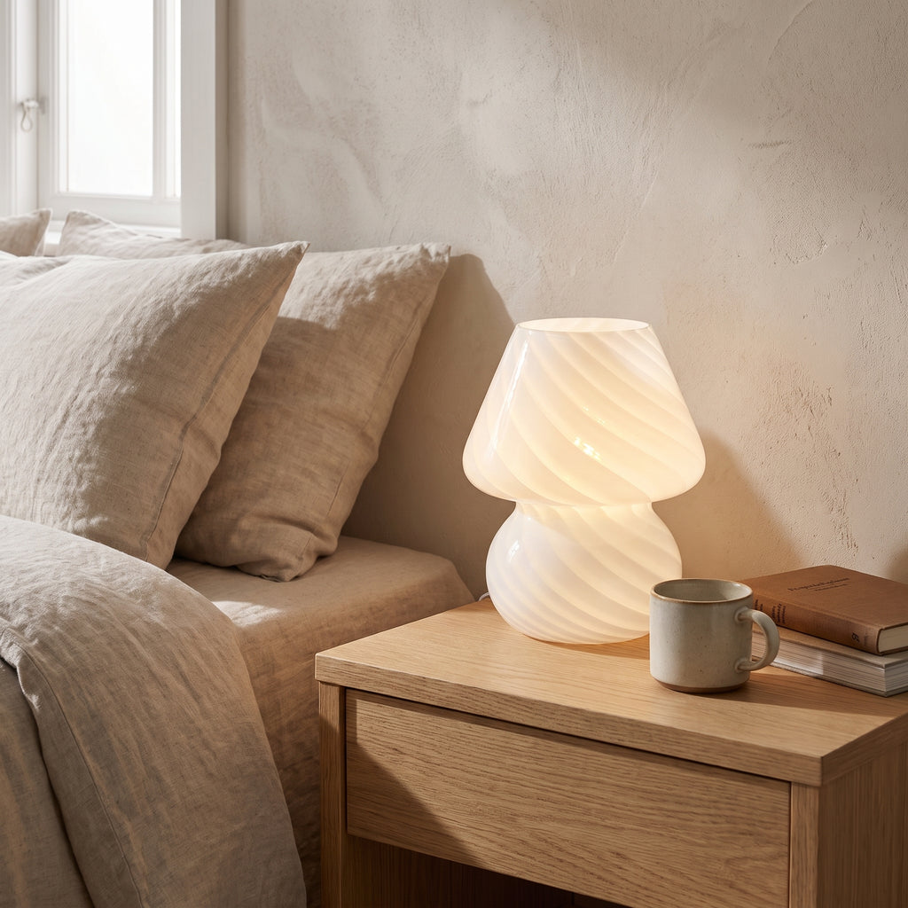 Spiral Glass Bedside Lamp styled in a home setting
