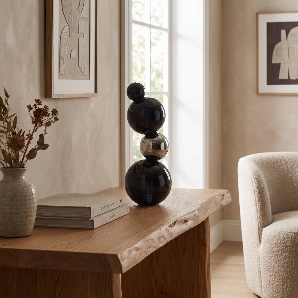 Stacked Crystal Sphere Sculpture styled in a home setting