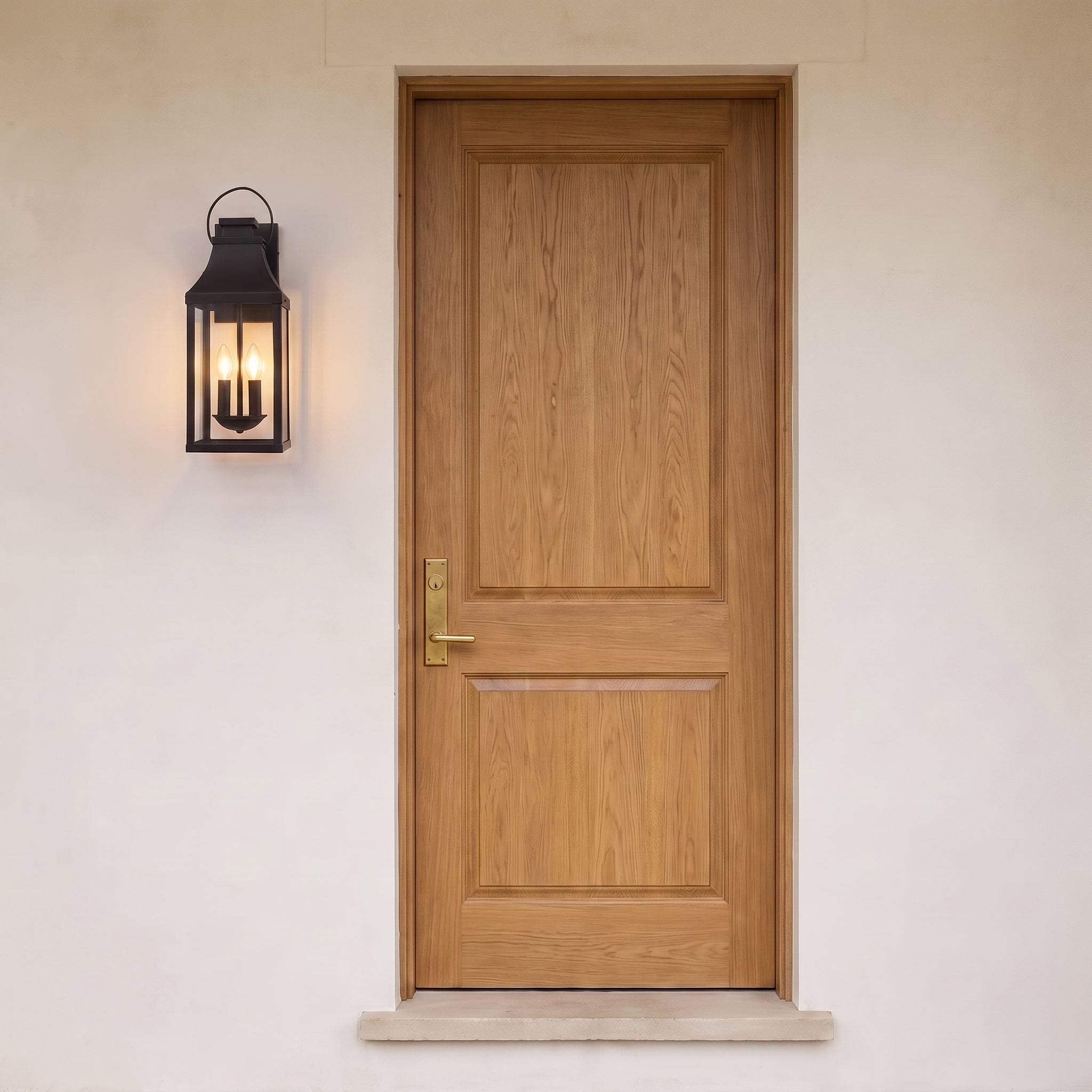 Single Tall Black Porch Lantern beside a front door. Total fixture height is 20.2 inches; see the supplier size diagram.