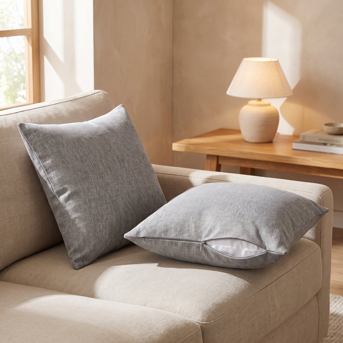 Two grey textured cushion covers styled on a neutral sofa