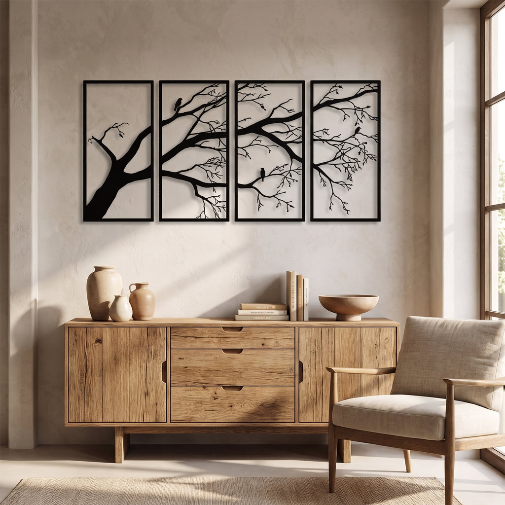 Tree of Life Metal Wall Art — Four Panels styled in a home setting