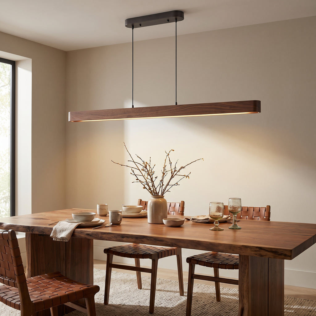 Walnut Linear LED Pendant — 51 Inch styled in a home setting