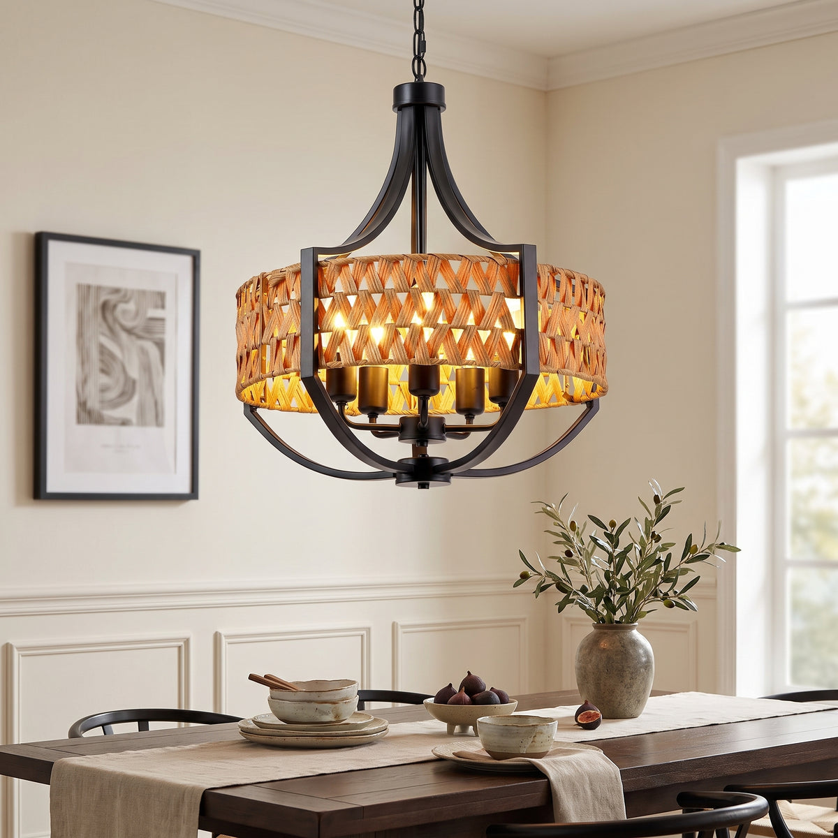 Woven Reed Five-Light Chandelier styled in its intended setting