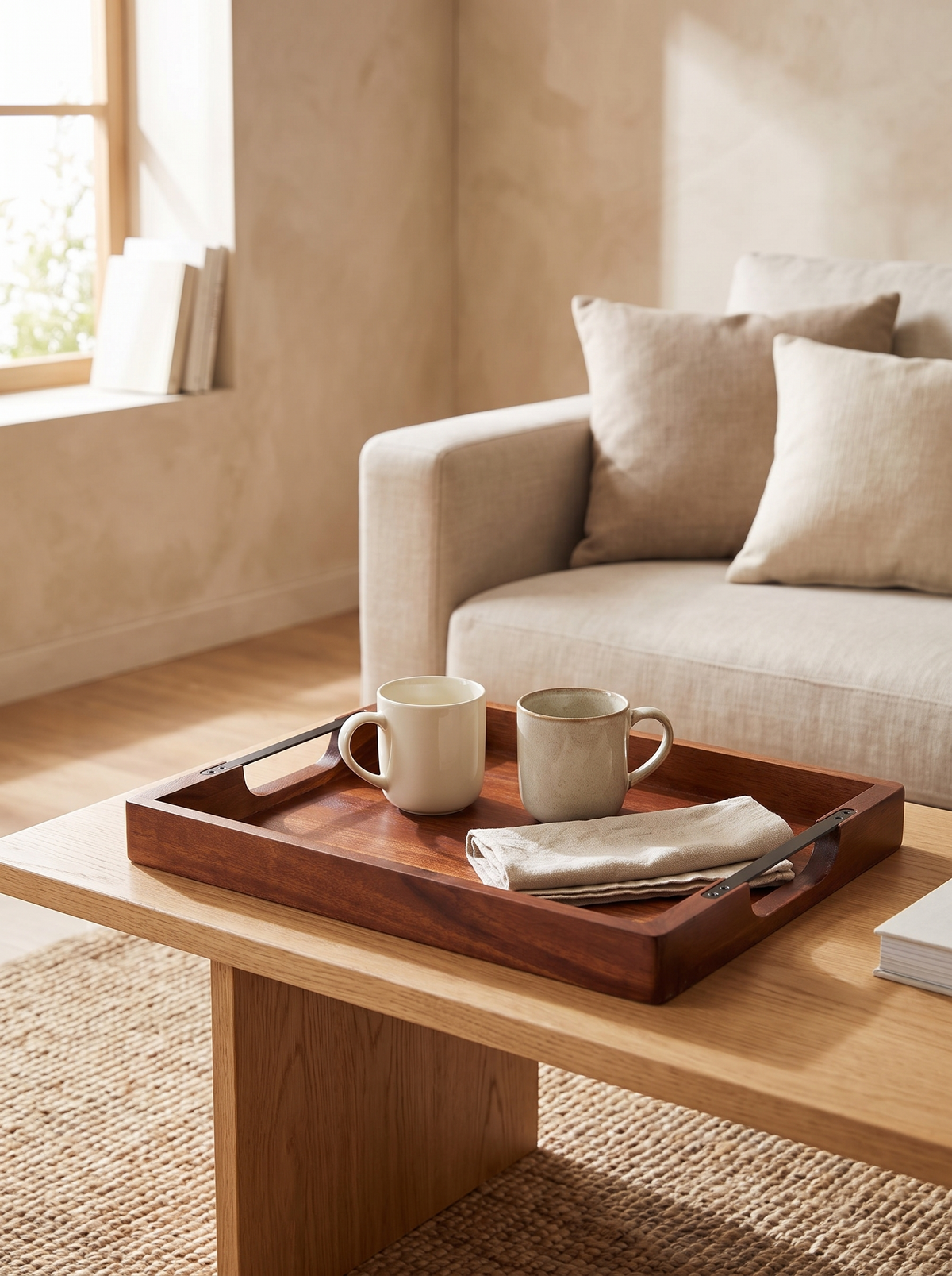 Acacia Serving Tray with Handles styled in a home setting — a place for the morning cups