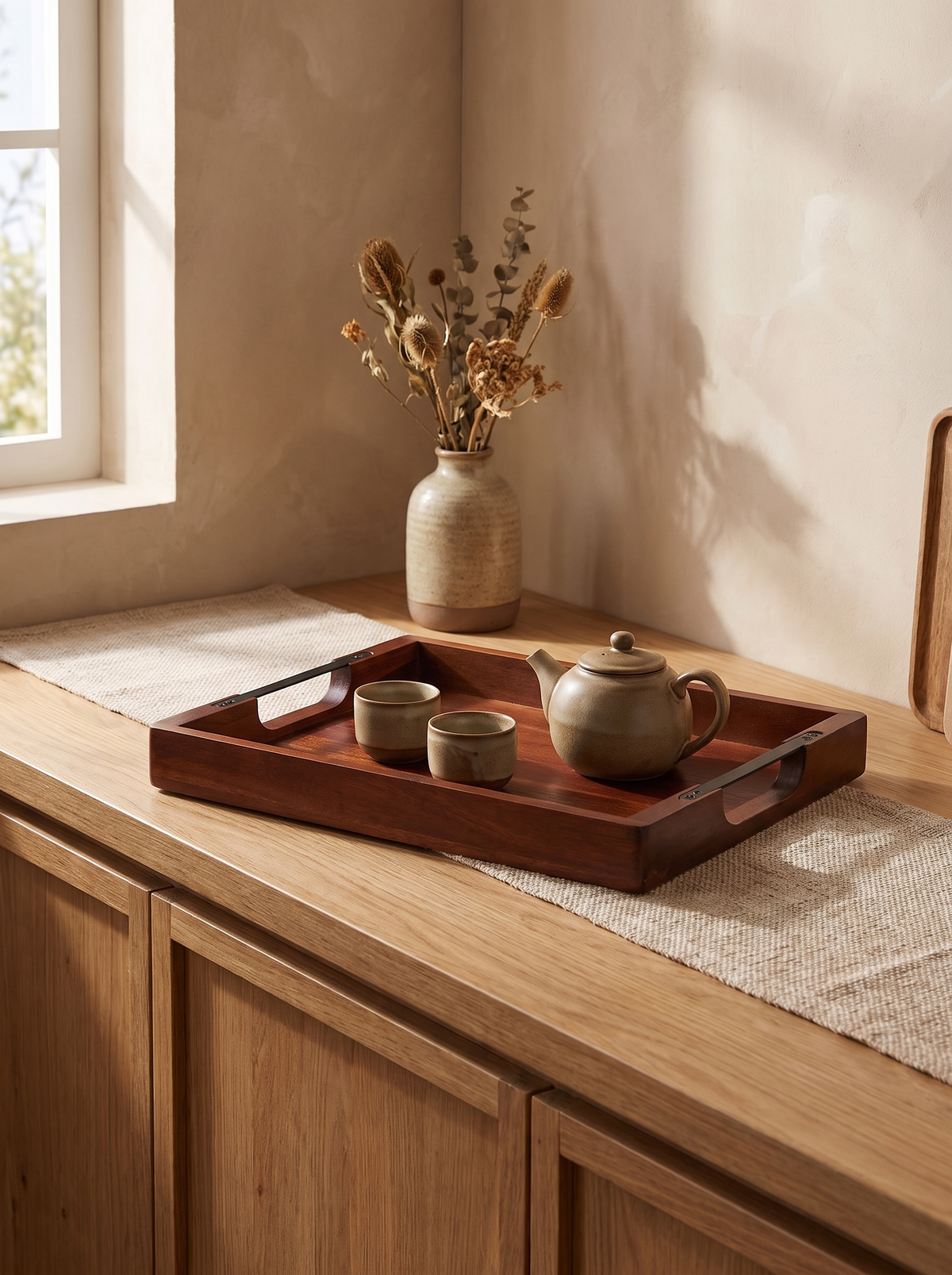 Acacia Serving Tray with Handles styled in a home setting — ready for a quieter evening
