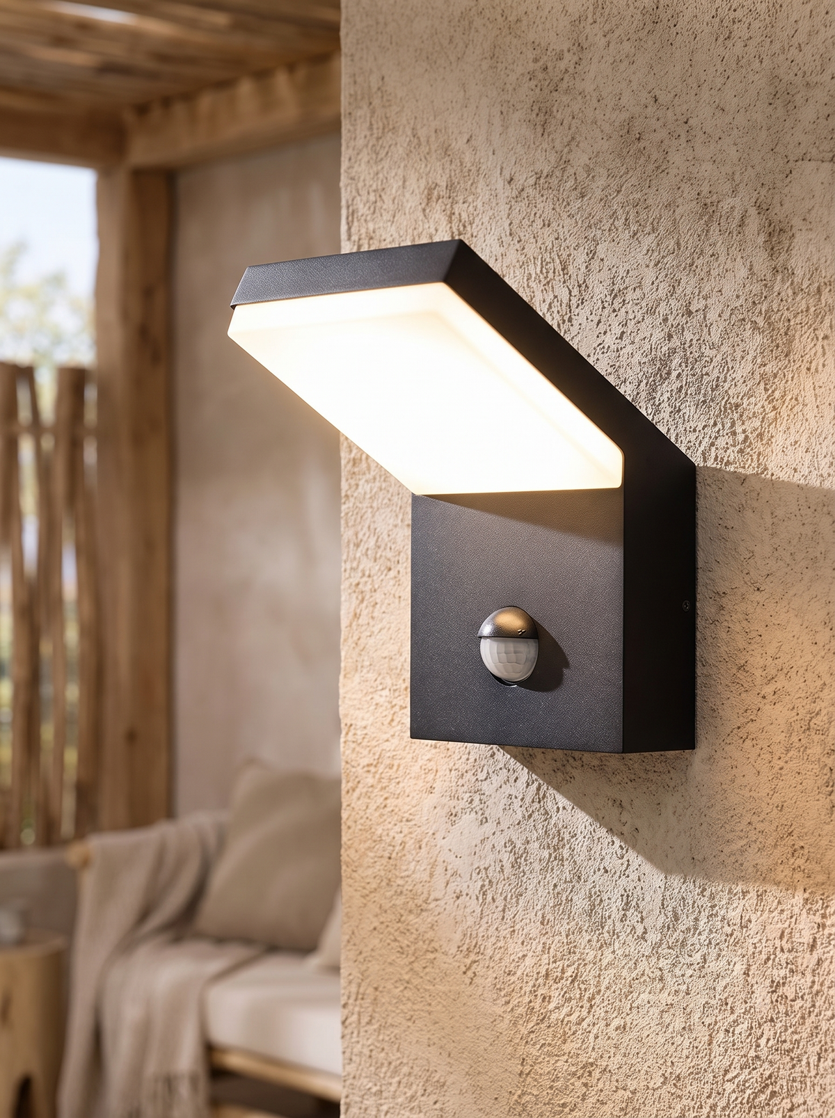 Angle Motion-Sensor Outdoor Wall Light in a home setting — keep the wall line simple