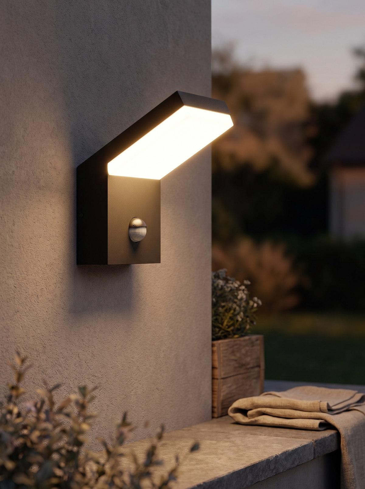 Angle Motion-Sensor Outdoor Wall Light in a home setting — motion sensing built in
