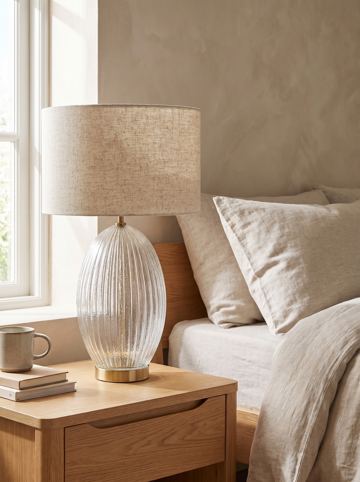 Aurora Ribbed Glass Table Lamp styled in a home setting — a quiet mix of textures