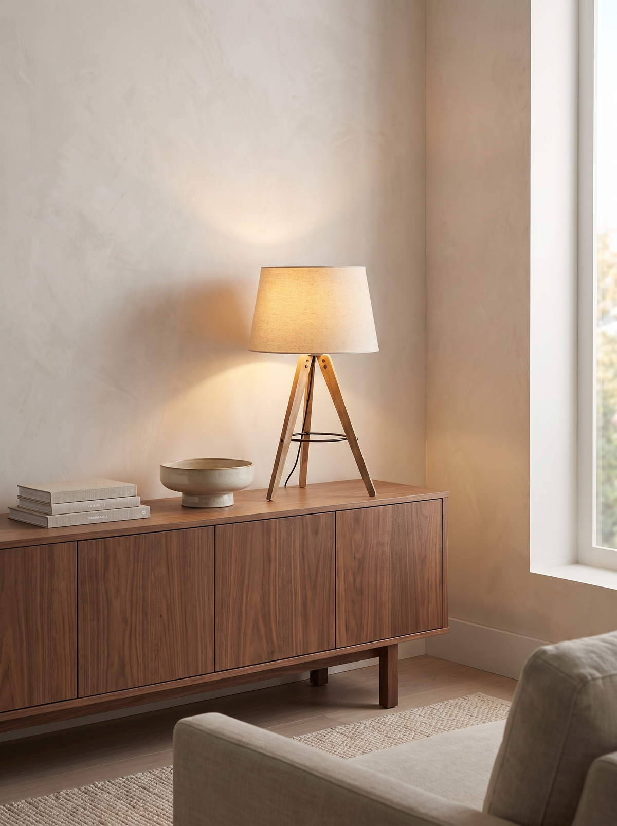 Birch Tripod Table Lamp in a home setting — give the shade room