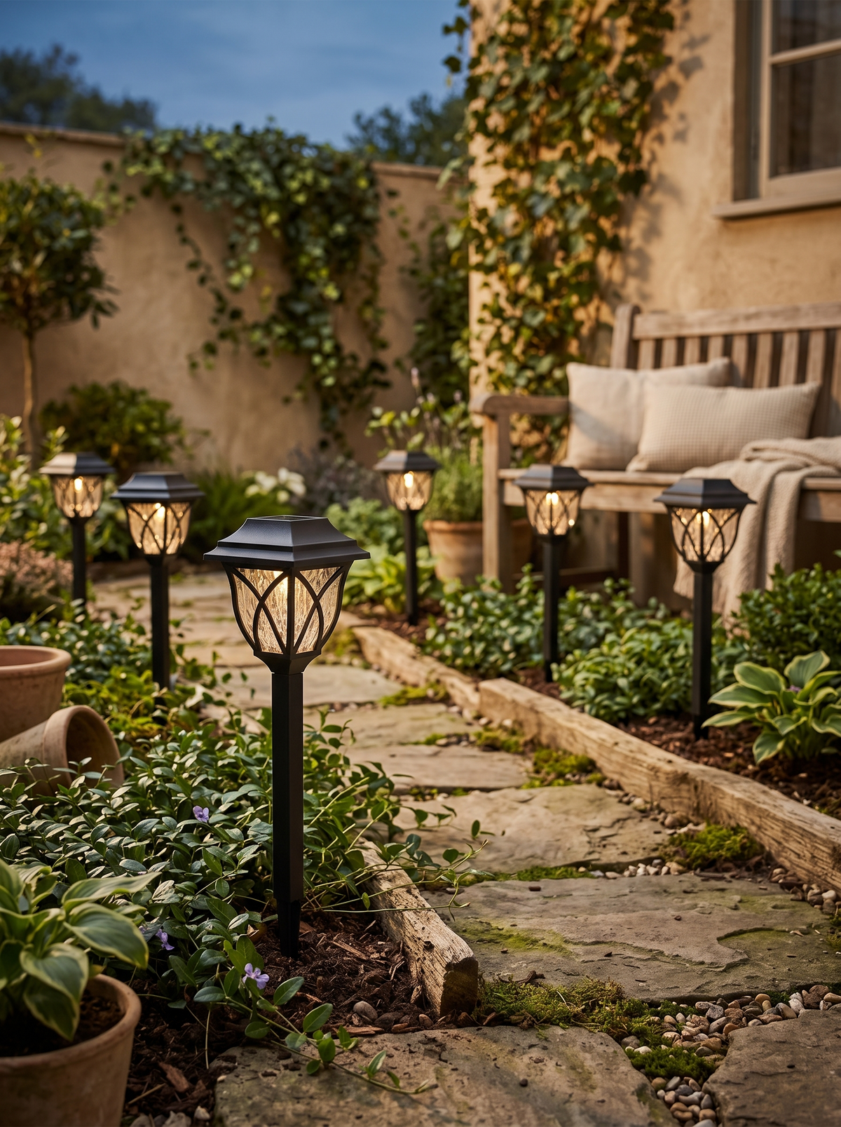Branch Solar Path Lanterns — Set of 6 in a home setting — a small rhythm along the path