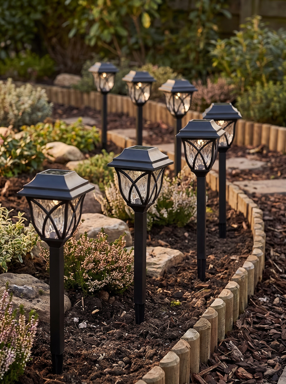 Branch Solar Path Lanterns — Set of 6 in a home setting — a little detail in the shade