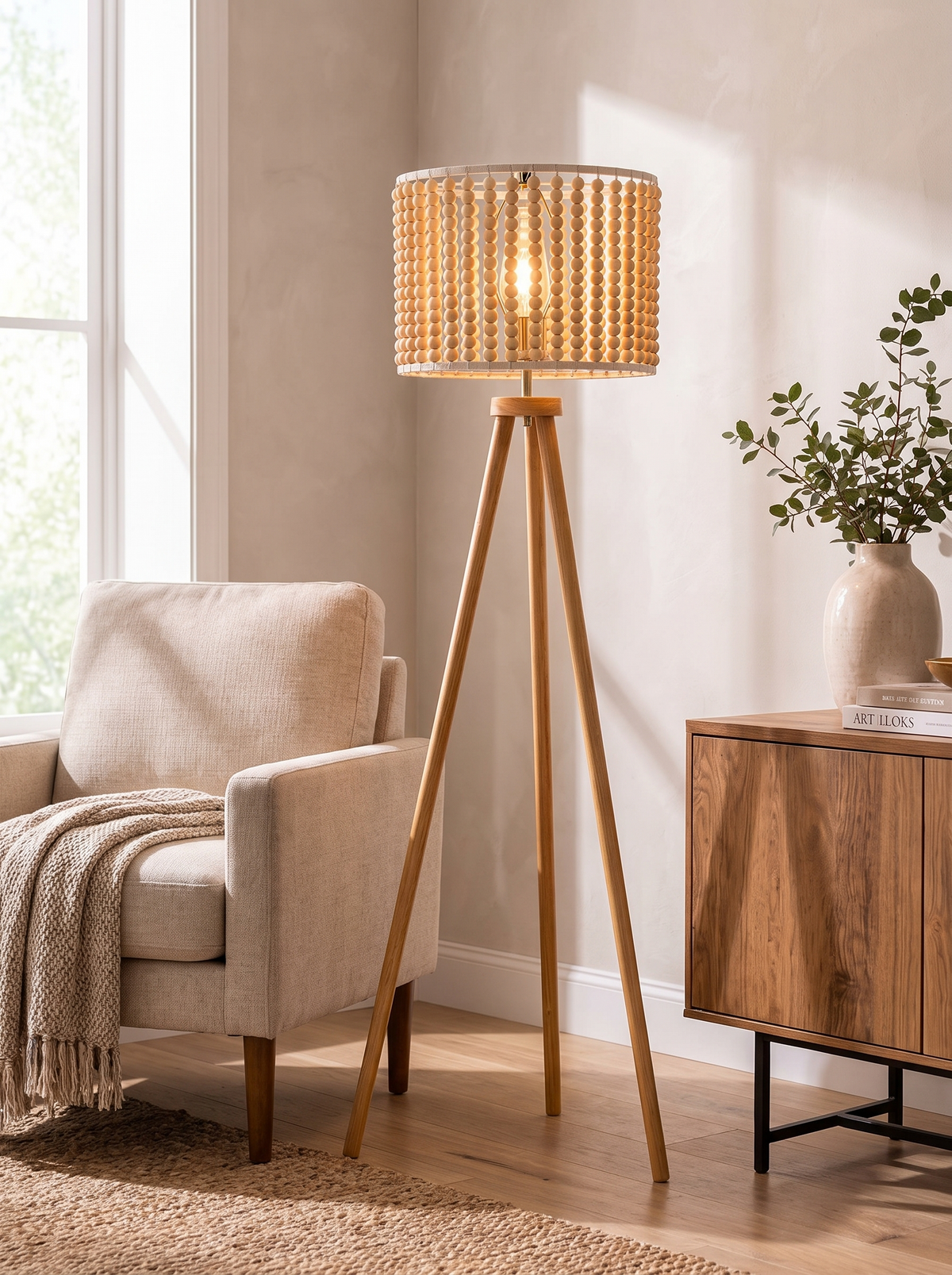 Brillo Natural Tripod Floor Lamp in a home setting — a corner with a little warmth