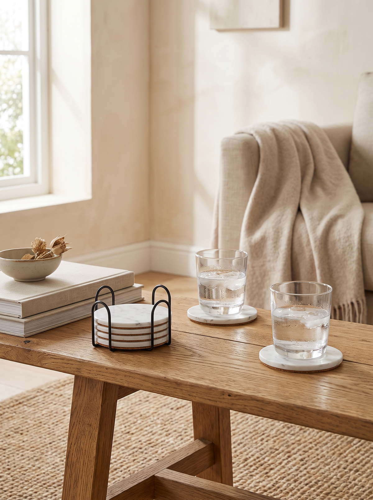 Ceramic Coasters with Holder — Set of 6 styled in a home setting — a place for every glass