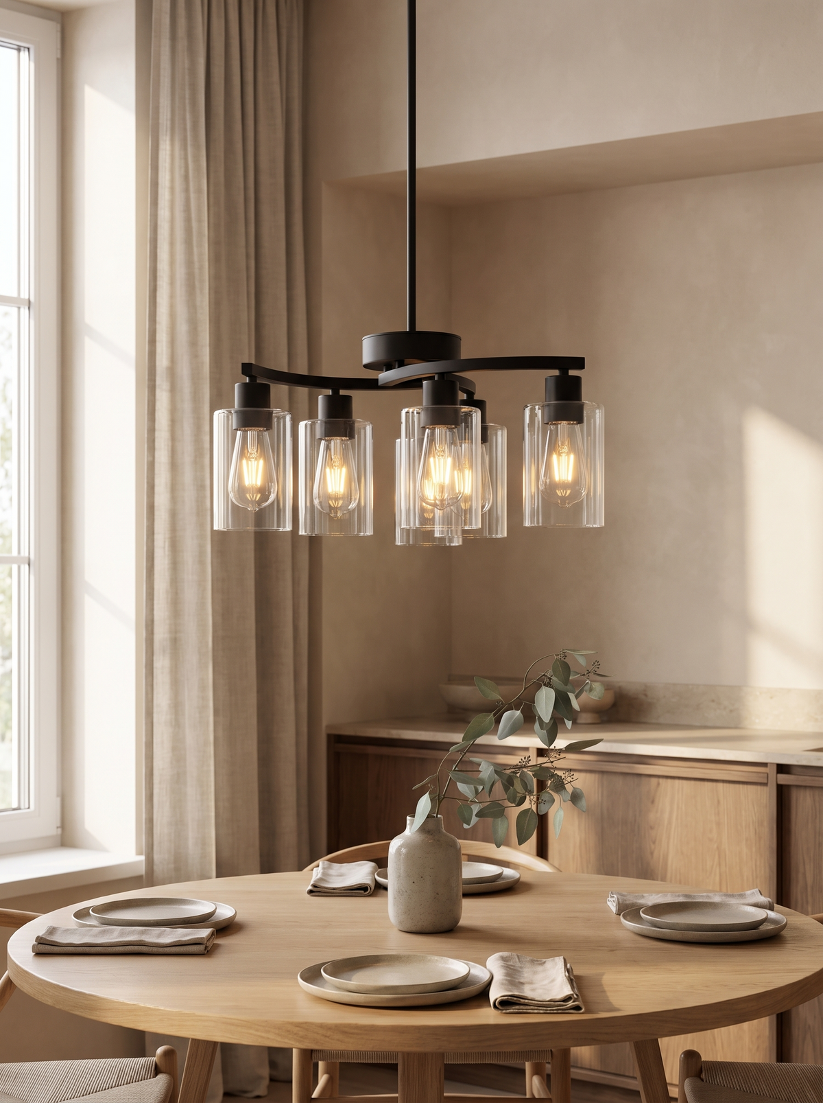 Clear Glass Six-Light Chandelier in a home setting — choose your evening light