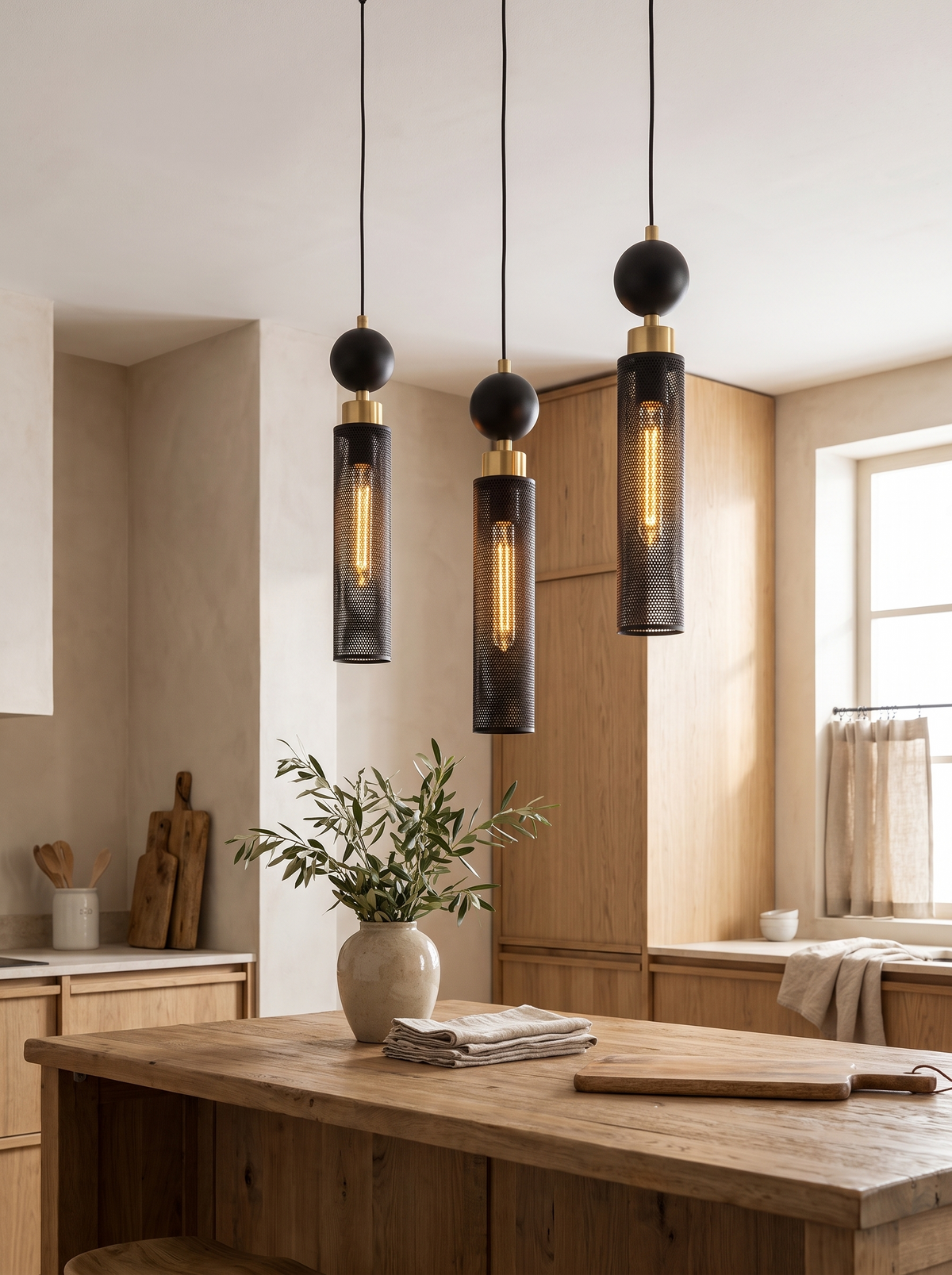 Column Black Pendant Lights — Set of 3 in a home setting — three lines above the counter