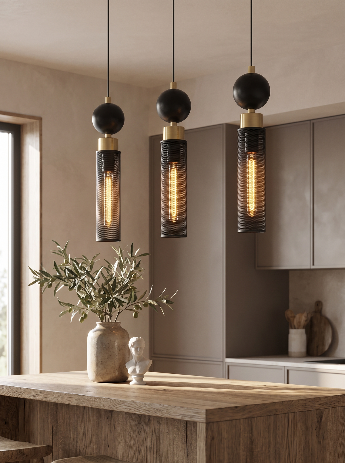 Column Black Pendant Lights — Set of 3 in a home setting — small diameter, clear presence