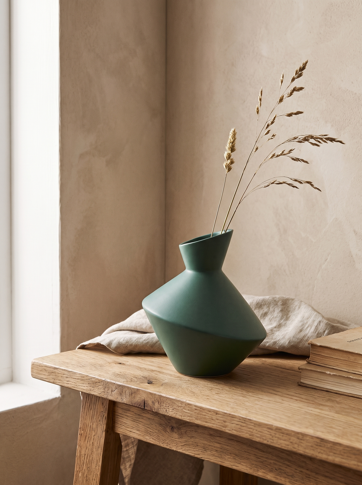 Facet Green Ceramic Vase in a home setting — a stem with a different angle