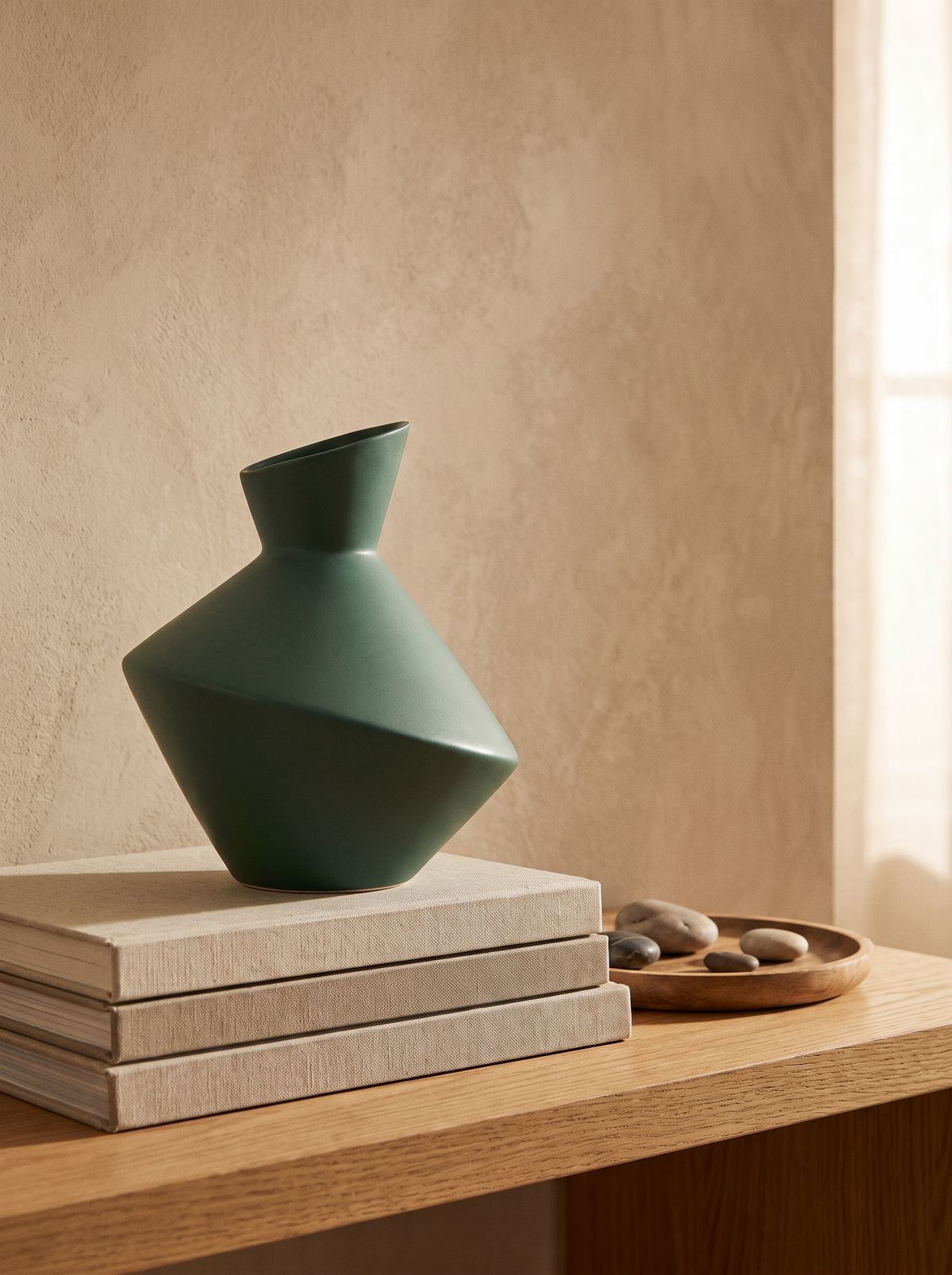 Facet Green Ceramic Vase in a home setting — interesting with nothing inside