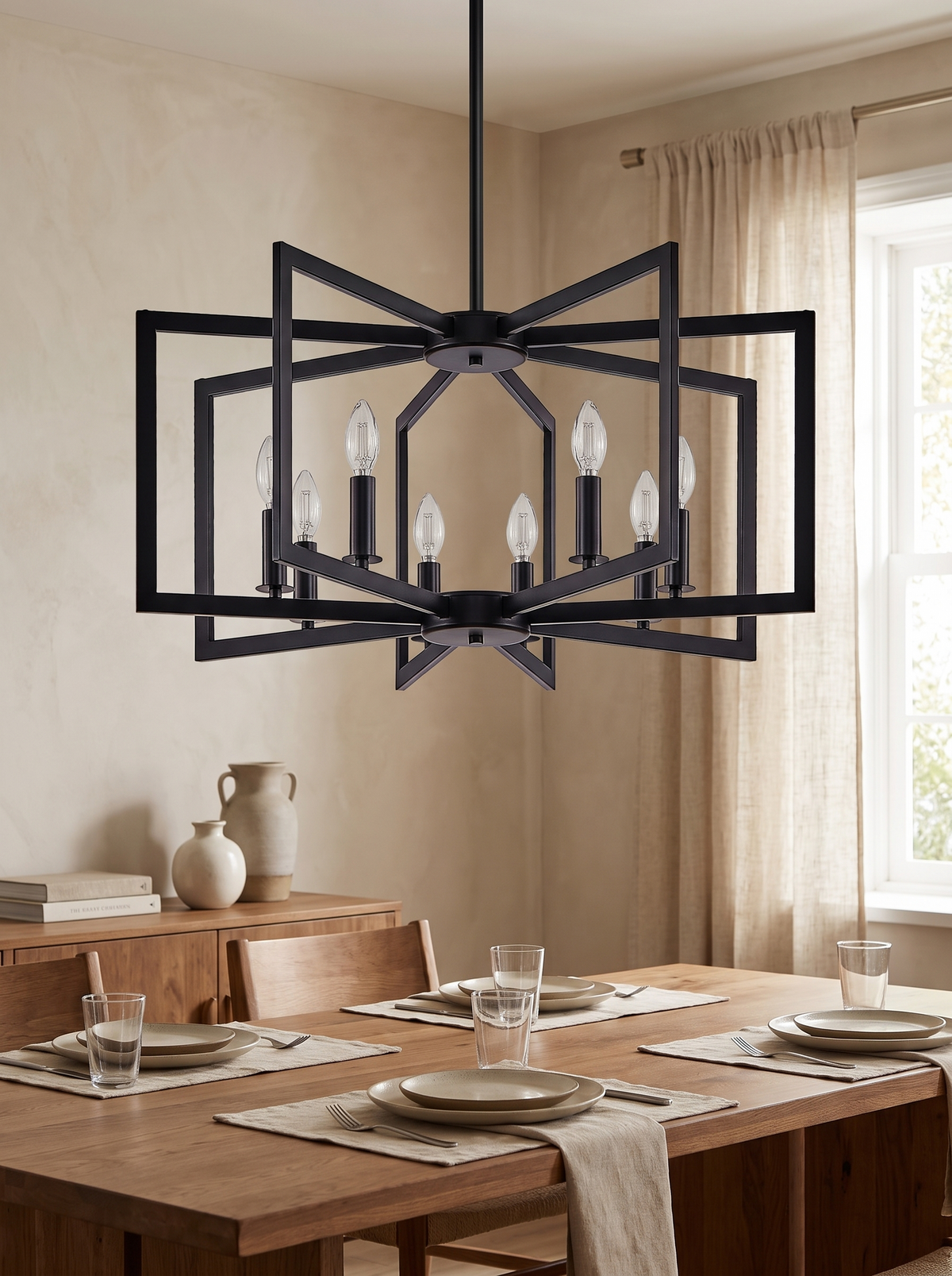 Geometry Eight-Light Chandelier in a home setting — a graphic shape overhead