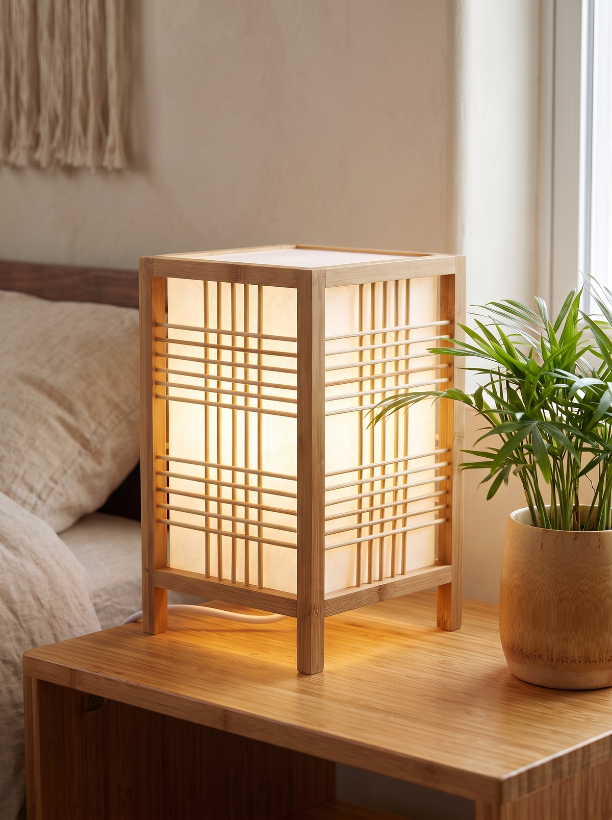 Kanso Bamboo Table Lantern in a home setting — bamboo in clean lines