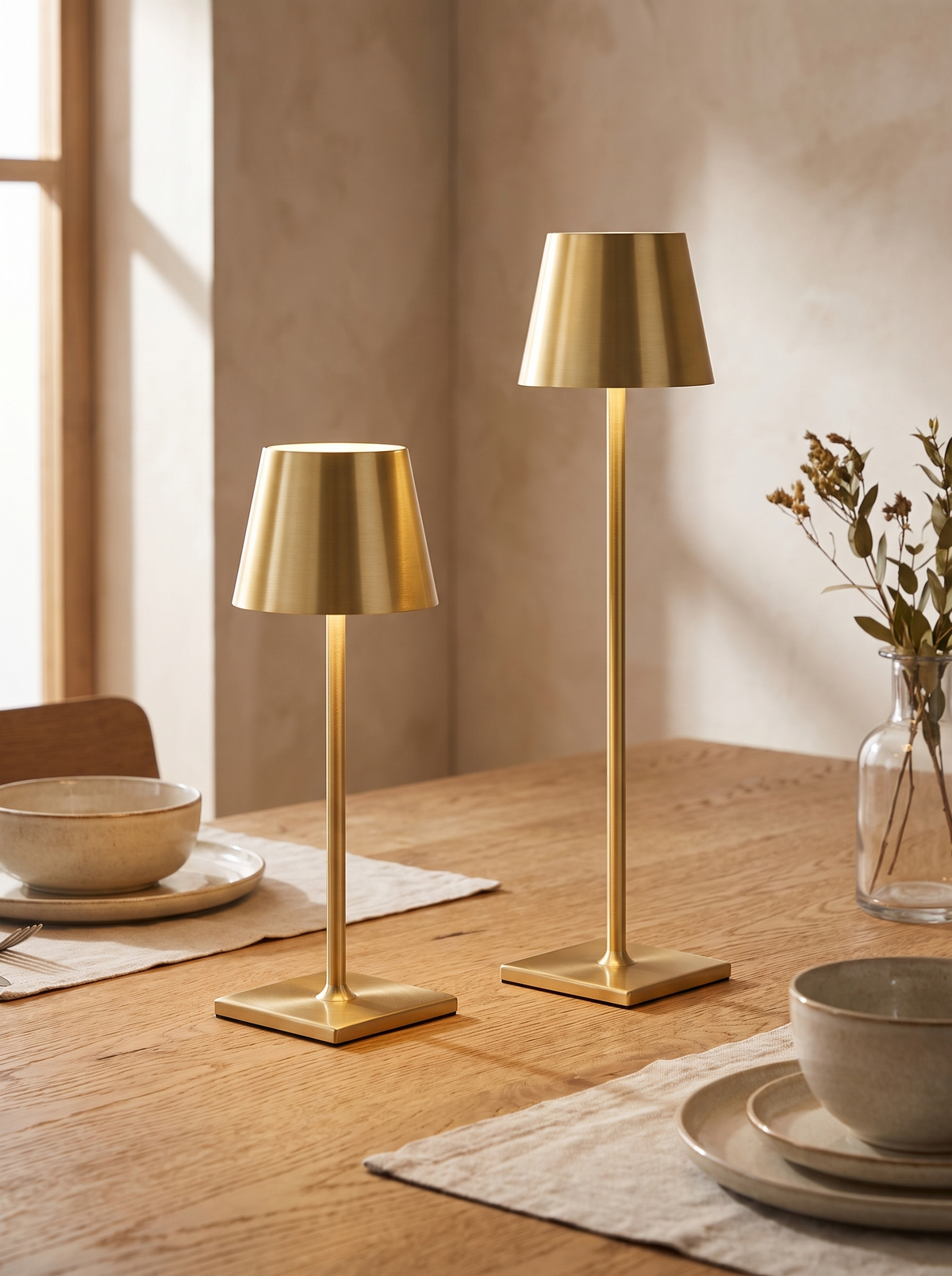 Linea Cordless Table Lamps — Set of 2 styled in a home setting — a slender gold silhouette