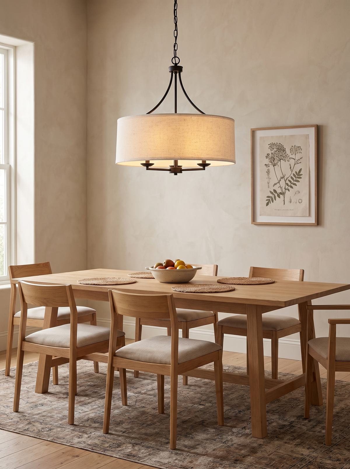 Linen Drum Three-Light Pendant in a home setting — a softer center for the table