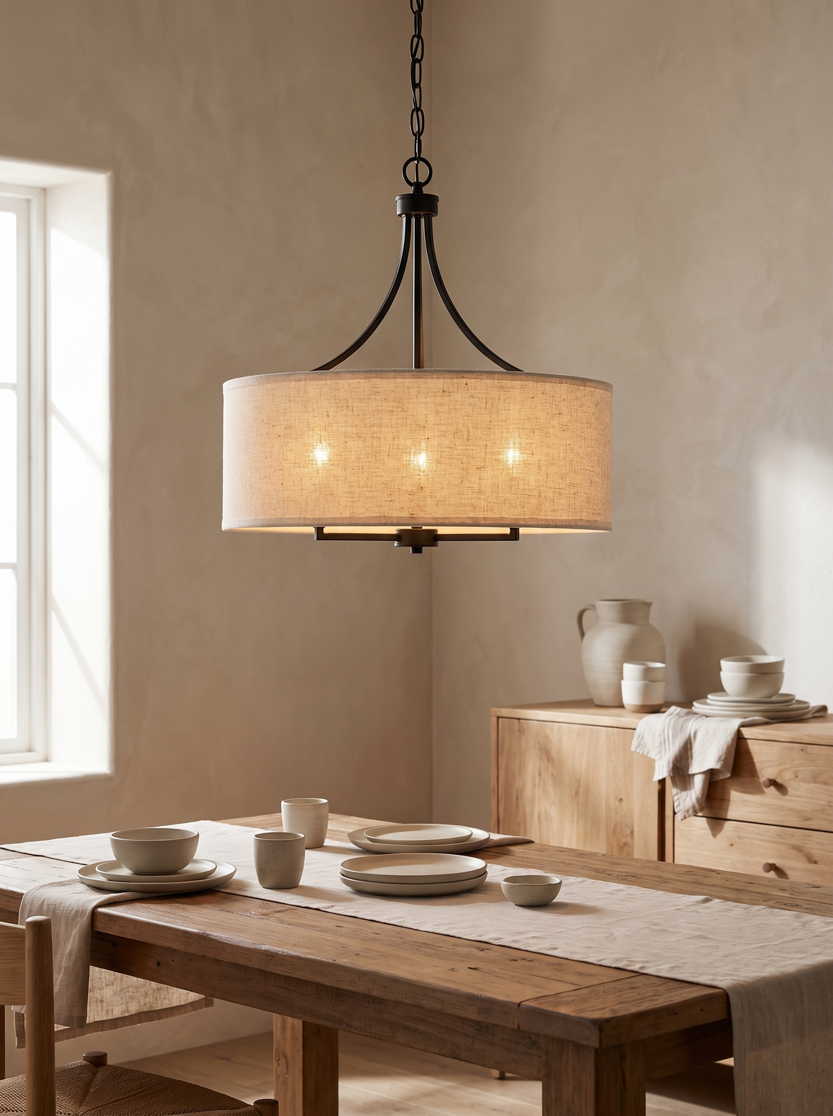 Linen Drum Three-Light Pendant in a home setting — texture that keeps things quiet