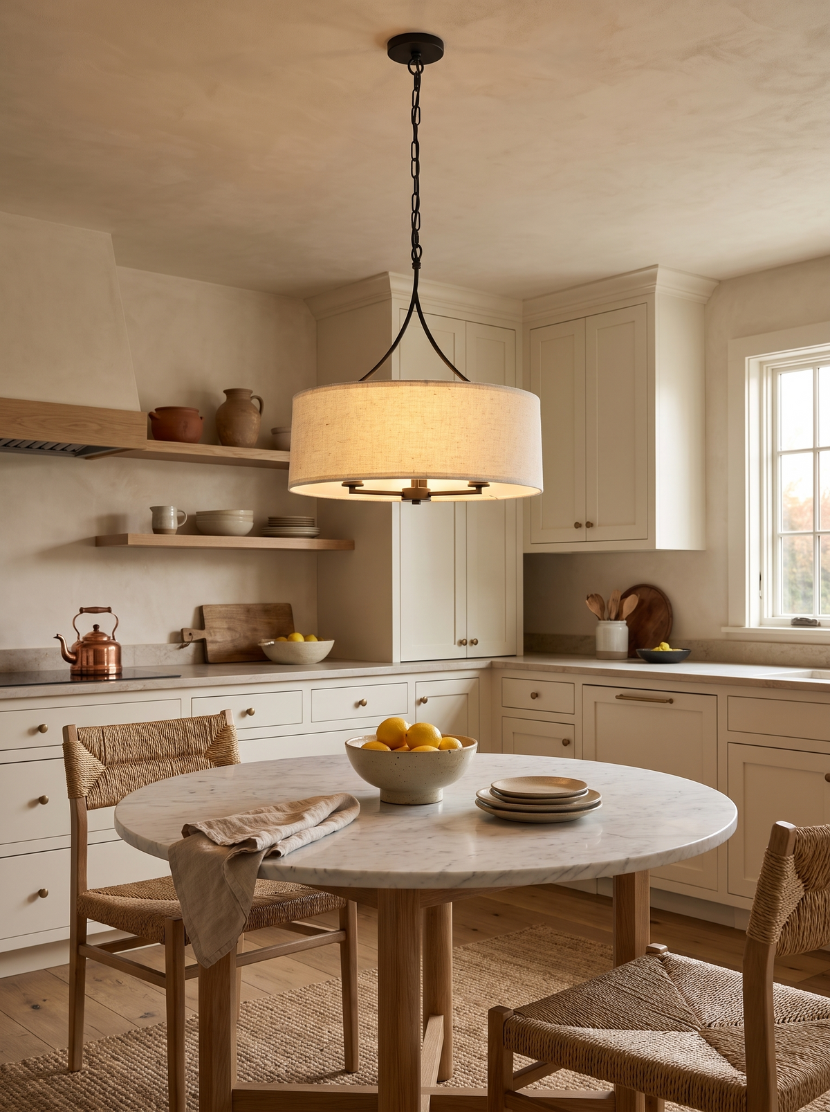 Linen Drum Three-Light Pendant in a home setting — choose a considered height
