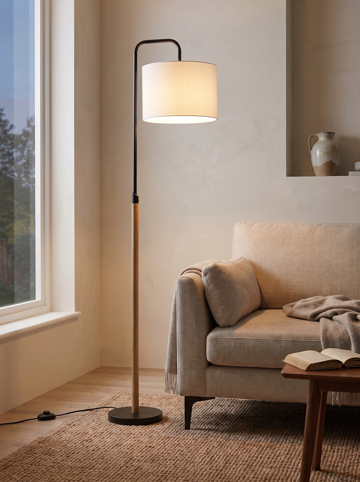 Lior Wood-Accent Floor Lamp styled for a simple evening ritual