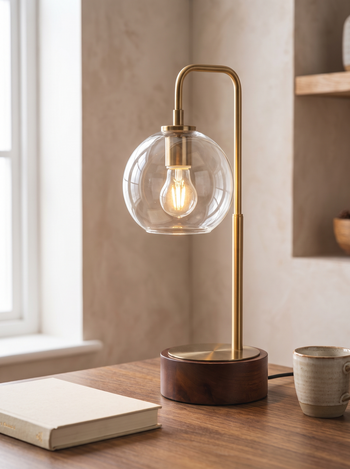 LuxeRay Arched Glass Table Lamp in a home setting — wood, glass and a warm metal note