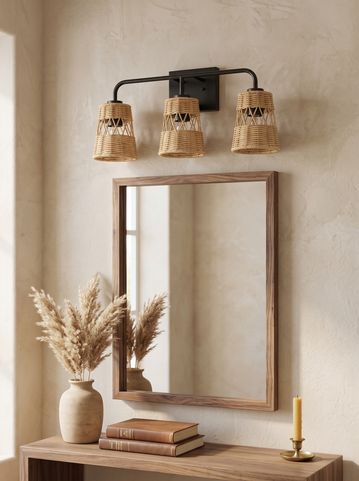 Moonlit Rattan Three-Light Wall Fixture in a home setting — texture above the console