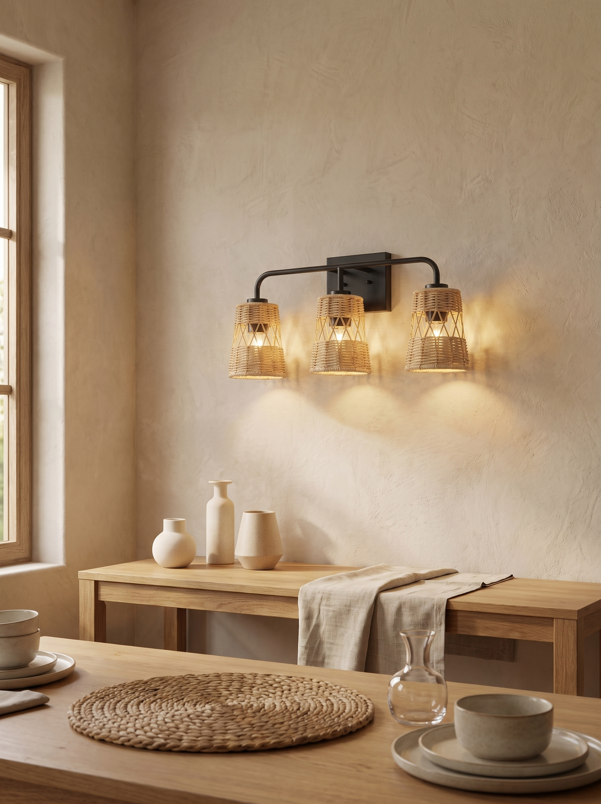 Moonlit Rattan Three-Light Wall Fixture in a home setting — one fixture, three points of light