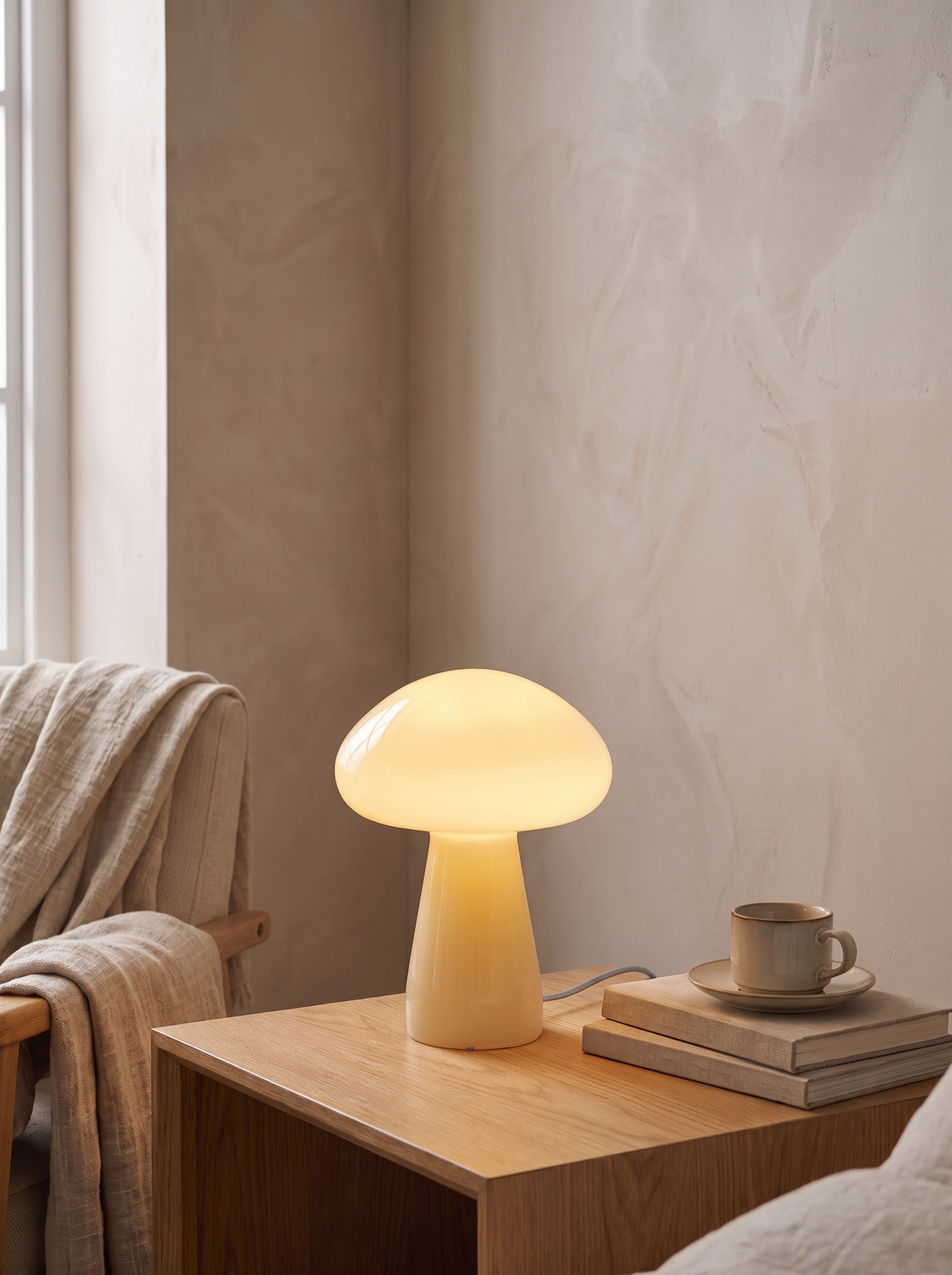 Mushroom Glass Table Lamp — Beige styled for a small lamp with presence