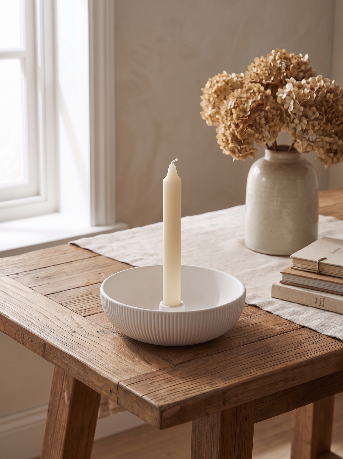 Porcelain Bowl Candle Holder in a home setting — a candle setting kept simple