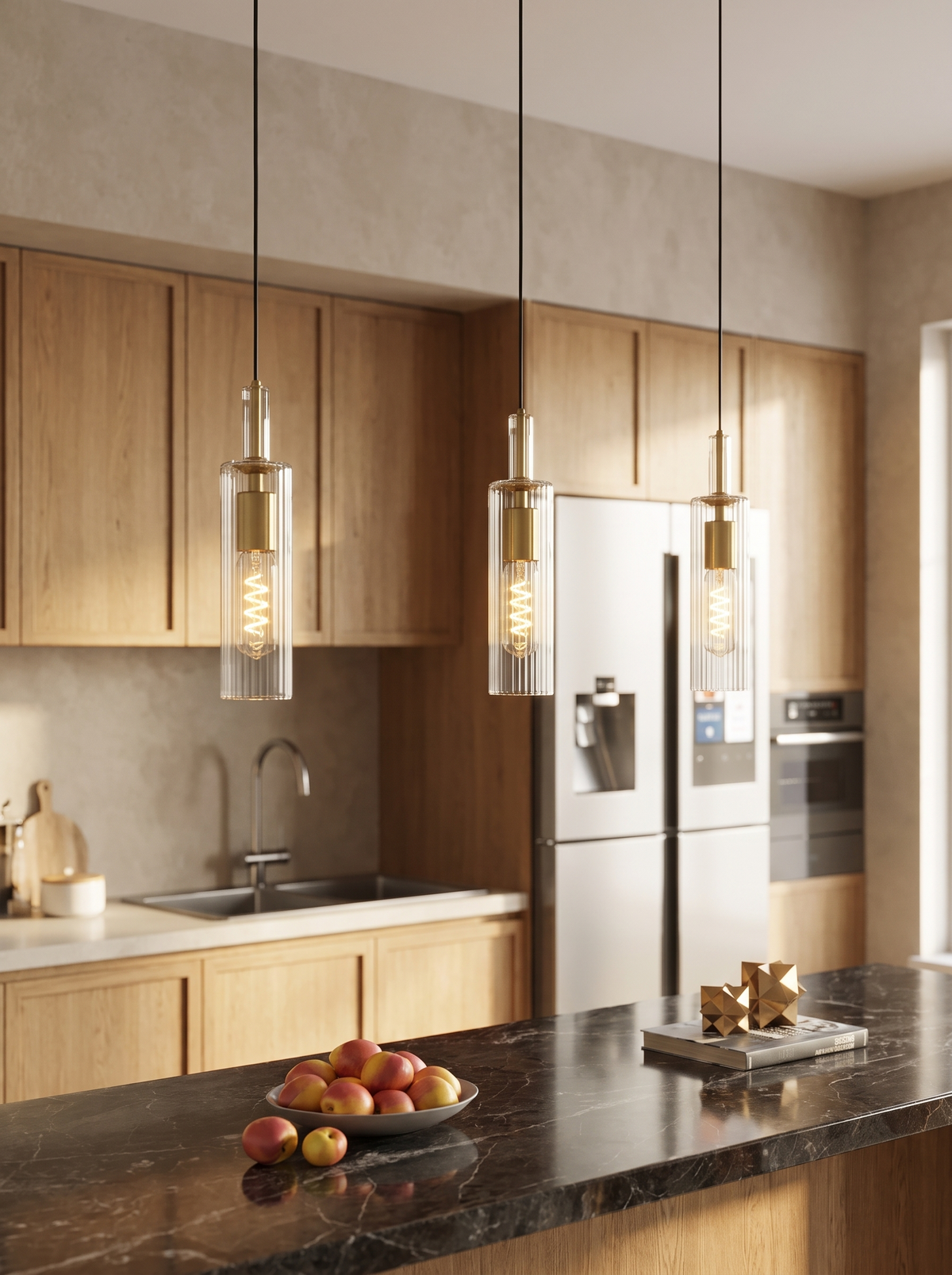 Reed Glass Pendant Lights — Set of 3 in a home setting — a rhythm above the island