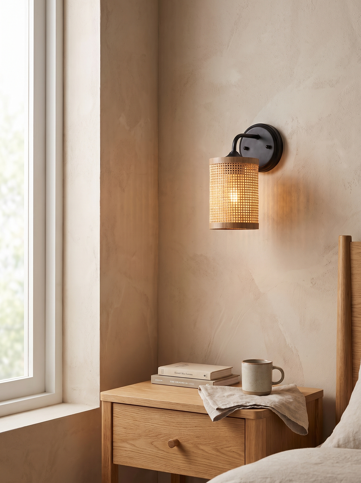 Reef Rattan Wall Sconce in a home setting — a woven note beside the bed